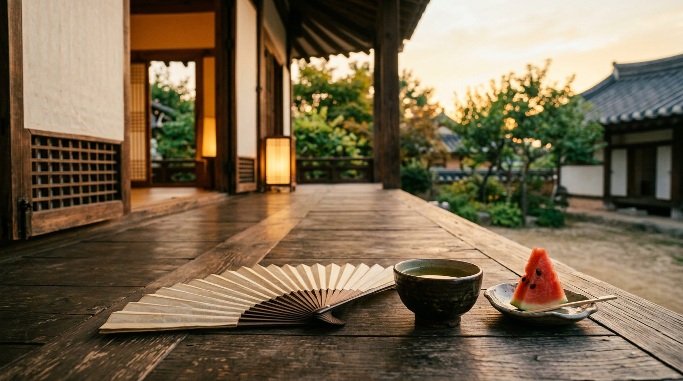 늦여름 한옥 마루 이미지 - 저녁 노을 속 부채와 찻잔 수박 편집사진